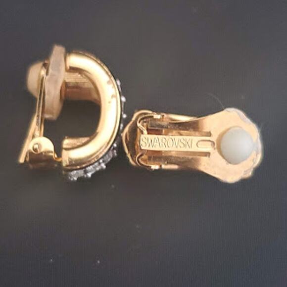 VTG Swarovski Half Hoop Earrings Black Enamel Accents Swan Signed 80's Clip On - Picture 3 of 6